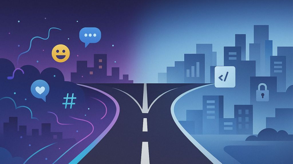 Forked road symbolizing two AI paths—creative real-time interaction vs. structured analytics.